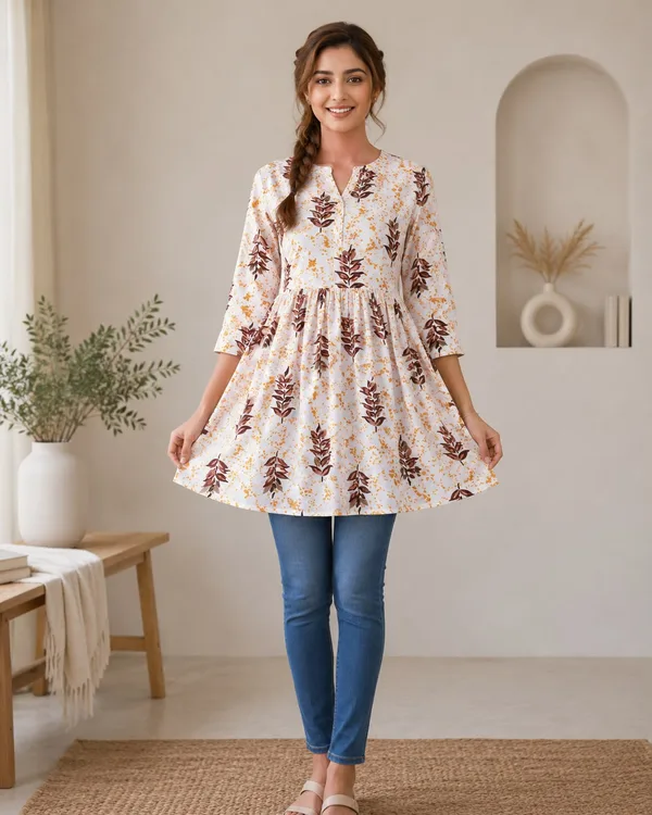 ANARKALI PATTERN SHORT KURTI WITH BROWN LEAF PATTERN FOR WOMEN'S DAILY WEAR 